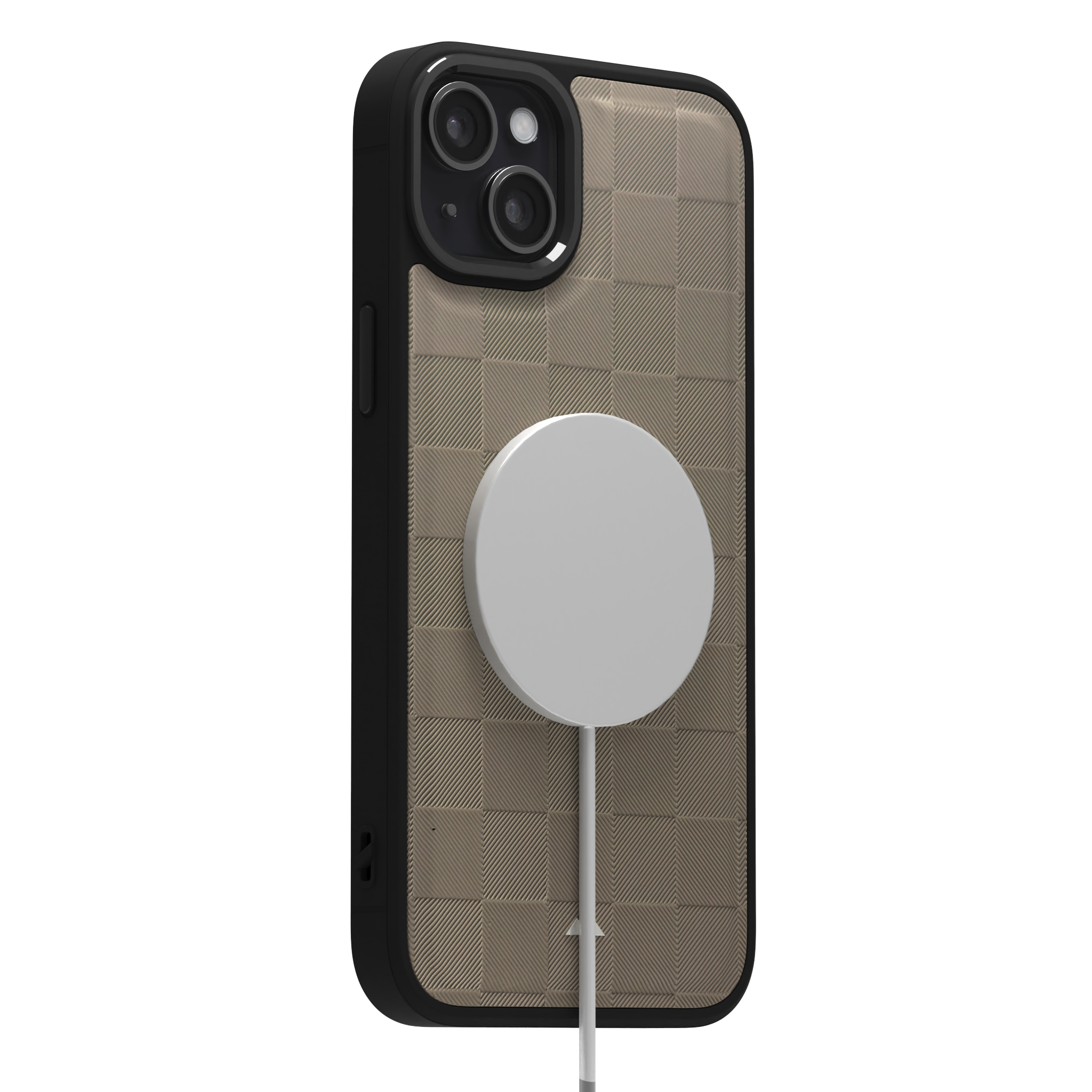 Cream Checkered Leather Case Cover for iPhone 15 Plus