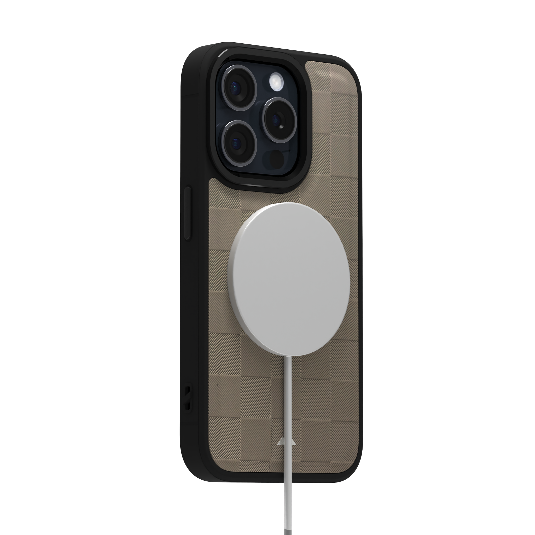 Cream Checkered Leather Case Cover for iPhone 15 Pro